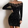 Casual Dresses 2023 Women's Lace Strap Dress Off Axel långärmad Sexig mesh glänsande Star Party Club