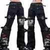Damesjeans Vrouwen Goth Punk High Taille Jeans Harajuku Metal Buckle Hip Hop Print Cargo Pants Wide Leg Baggy Losse denim broek 230306