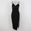 Casual Dresses Black Spaghetti Strap Sexig V-ringning Backless Mid-Calf Split Women Dress 2023 Summer European Style Diamonds High midjan