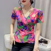 Camisetas para mujer 2023, ropa coreana de verano, camiseta elegante Sexy con cuello en V, franjas de diferente color, estampado, Tops para mujer, camisetas de manga corta que combinan con todo 32188