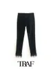 Jeans Femme TRAF Femmes 2023 Loisirs Mode Solide Ourlet élastique avec garniture en plumes Pantalon Slim Mujer 230306