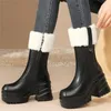 Dress Shoes High Top Creepers Women Genuine Leather Heel Platform Pumps Female Winter Warm Fur Round Toe Motorcycle Boots Casual