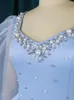 Casual Dresses Aomei Women Blue Long Dress Sexig pärlor Lantern Sleeve See Through Peplum Robe High midje slits Elegant Night Party Club 4xl