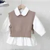 衣類セット春秋の女の赤ちゃん甘いキャンディーカラー編みセーターベストシャツ子供韓国のブラウス衣装230307