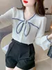 Blouses femininas mulheres primavera outono camisetas Lady Casual Manga Longa Cole de Trecho Bow Blusas Tops DD9343