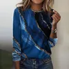 Kvinnors blusar 2023 Spring Casual marmor randig tryck glänsande blus Kvinnor Elegant O Neck Patchwork Office Shirt Autumn Long Sleeve Top