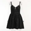 Casual Dresses E-Girl Gothic Dark Academia Grunge Mini Vintage Texture Lace Trim A-Line Dress Sexy V Neck Clothes Y2k Retro Emo Alt