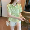 Kvinnors blusar Summer 2023 Design Sense Chic Polo Neck Puff Short Seeve White Shirt Women's Doll Blue Top