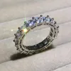 Cluster Rings 925 Silver Engagement Wedding for Women Pave Seting Full Cushion Cut Stone Simulated Diamond Eternity Band Ring Set