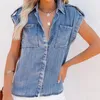 Women's T Shirts Jeans Summer Women T-Shirts Sleeveless Straight Pockets Loose Casual Style Washed Blue Denim Solid Color Female Blouse