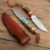 Promotion G7201 Survival Straight Hunting Knife Damascus Steel Drop Point Blade Deer Horn Handle Outdoor Fixed Blade Knives with Leather Sheath