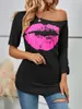 2023 Mulheres sexy 80s Costume Tops Shew Collar Mid Sleeve Lips Print Vintage Longo Longo Y2K Roupas Ladies T-shirts 2303071