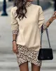 Casual Dresses for Women 2023 Autumn Fashion Leopard Print High Neck Long Sleeve Daily Mini Sweatshirt Dress