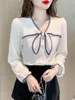 Blouses femininas mulheres primavera outono camisetas Lady Casual Manga Longa Cole de Trecho Bow Blusas Tops DD9343