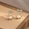 Stud Earrings Brand 2023 Exquise Women Bow Earring Pearl Accessoires Zirconia Inlay Luxury Ins Ladies Bridal