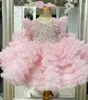 Girl Dresses Pink Princess Dress Pearl Beaded Puffy First Communion Flower Cute Children Celebration