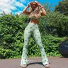 Kvinnors tvåbitar byxor Summer Women Tracksuit Sexig tvådelar Kläder Set Green Printed Boat Neck Tube Crop Topps Hög midja Flare Kvinna