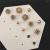Stud Earrings Vintage Antique Gold Color Plating Navy Blue Stone Engraved Flower Ball 6 Pair Pack For Women Gorgeous Gift Set