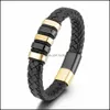 Link Chain Handmade Braided Leather Wristband Bracelets For Men Link Strand Fashion Magnetic Clasp Black Cord Vintage Wrist Band Ro Dh2Zc
