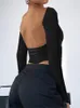 女性用Tシャツクロンススタイル女性長袖バックレスTシャツ春秋のソリッドスリムフィットプルオーバー女性ストリートウェアベースティートップス