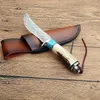 Aktion G7203 Damscus Feststehendes Jagdmesser mit Hirschhorngriff, Outdoor-Camping, Wandern, Angeln, Jagd, Überleben, gerade Messer mit Lederscheide