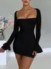 Casual Dresses Sexy Mesh Backless Ruched Mini Dress Ladies Elegant Strapless Long Sleeve Bodycon Female Club Party Fashion Outfits