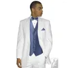 Men's Suits White Coat Blue Vest Custom Made Blazer Trousers Wedding Men Set 3Pc Jacket Pants Slim Fit Clothing Party Wear Tuxedo