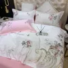 Bedding Sets 6 Designs White Embroidery 60S Satin Washed Silk Set Cotton Duvet Cover Bed Linen Fitted Sheet Pillowcases Bedclothes