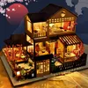 Doll House Accessories Cutebee Super Mini Wooden Doll House Mini Sakura Garden House Furniture Building Kit Toys for Children Gifts 230307