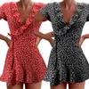 Casual jurken zomer dames bloemen a-lijn jurk zoete elegante ruche v-neck bandage korte dame chic mini hoilday zonsondergang