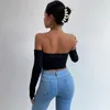 Women's Tanks Vintage Faux Fur Strapless Slash Neck Long Sleeve Slim Cropped T-shirt Women Black Tank Tops LH-6071