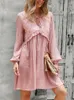 Casual Dresses 2023 Spring Lace-Up Dress Women V Neck Long Sleeve Loose Style A-Line Mini Female Black Pink Lady Office Party Vestidos