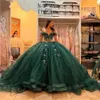 Émeraude Green Illusion Appliques à paillettes Quinceanera robe de bal de robe hors de l'épaule perle en dentelle Corset Vestidos de Prom Party Gowns