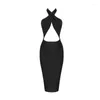 Casual Dresses Wholesale Women&#39;s Stretch Knit Black Halter Hollow Out Backless Sexy Club Europe Celebrity Cocktail Party Bandage