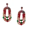 Boucles d'Oreilles KKGEM Plaqué Or Rose Coloré Cz Pave Charme Vert Jade Culture Rose Perle Rouge Dangle