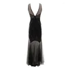 Casual jurken Women Vintage 1920s Great Gatsby Dress Flapper Party Mouwloze V Back Sheer Long Vestido verfraaid kralen pailletten