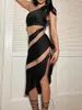 Casual Dresses Women Club Dress Sheer Mesh Patchwork One Shoulder Spaghetti Strap Oregelbunden hem