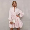 Casual Dresses Women's Pleated Skirt Solid V-neck Lantern Long Sleeve Dress Summer Sexy Loose High Waist Holiday Beach