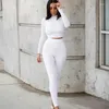 Damen-T-Shirts, FTS, Herbst, elegant, weiß, 2-teiliges Set, Damen, langärmelig, Stehkragen, kurz, schlank, Top, Taille, Hüfte, Wickel, Yoga-Hosen, Damen