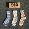 Women Socken 3pairs/Box Harajuku Frau Streifen Gitter gedruckt Baumwoll lässige Herbst Atmungsfreie Modestil