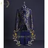 Herrdräkter blazers stilig blå guld blommig fälg män kostym set stativ krage mens bröllop kostymer formell brudgum tuxedo kostym jacka pantsvest 230307