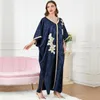 Etnische kleding Wepbel Blue Jacquard Long Batwing Sleeve moslimjurk Abaya Islamitische vrouwen losgebarterde kant kaftan