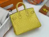 Bolsa de avestruz bolsa platina em casa feita de cera de cera Handmada costura BK25 Skin Skin Lemon Buckle Handheld Leather feminino genuíno de couro genuíno