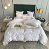 Ensembles de literie Blanc Broderie 60S Satin Lavé Soie Ensemble Coton Housse de Couette Linge de Lit Drap Housse Taies D'oreiller Literie 4 pièces