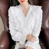 Women's Blouses Franse zachte vrouwen Ruches Blouse V-Neck Loose Sleeve Loose Lace Autumn 2023 Elegant Chiffon Shirt Sweet Top Blusas 17199