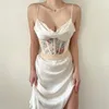 Casual Dresses Thin Satin Dress Print Patchwork Crown Corset Top Y2K Summer Women Sexy Wild Outer Streetwears Paty Outfits White