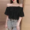 Bloups feminina Mulheres Top Blusa Sexy Ofim de Manga Longa Clube Festa Branca Camisa Puff Puff Ruffle Crop Tube de verão 2023