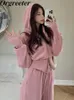 Women s Two Piece Pants Casual Pink Hooded Sweatshirts Tracksuit Women Coat Double Zip Up Crop Top Drawstring Waist Sweatpant Harem 2 Sets 230307