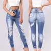 Calça Jeans Feminina Sexy Azul Claro Esticada para Levantamento de Bumbum Rasgado Buraco Jeans Roupas Femininas Meninas Justas