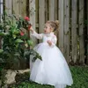 Puffy Princess Flower Girl sukienki białe koronkowe aplikacje SZYBKIE Suknia balowa z długim rękawem